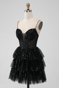 Spaghetti Straps Black Sequin Ruffle Homecoming Dress