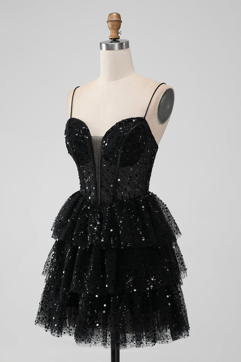 Spaghetti Straps Black Sequin Ruffle Homecoming Dress