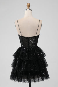 Spaghetti Straps Black Sequin Ruffle Homecoming Dress