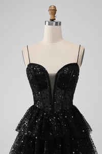 Spaghetti Straps Black Sequin Ruffle Homecoming Dress