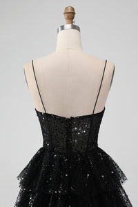 Spaghetti Straps Black Sequin Ruffle Homecoming Dress
