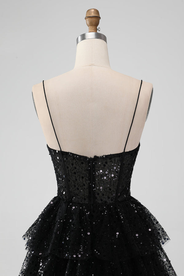 Spaghetti Straps Black Sequin Ruffle Homecoming Dress