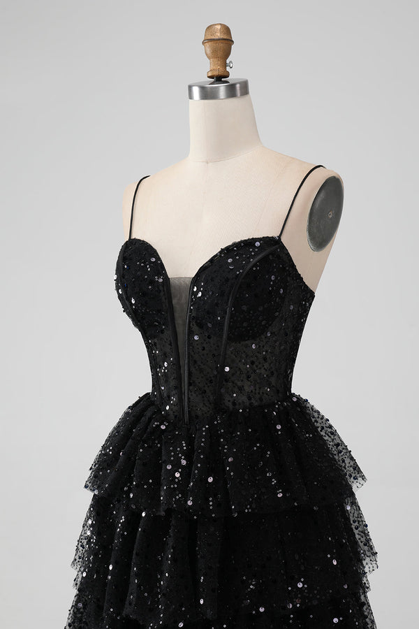 Spaghetti Straps Black Sequin Ruffle Homecoming Dress