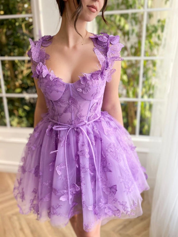 Straps Lilac Corset A-Line Homecoming Dress with 3D Butterfly
