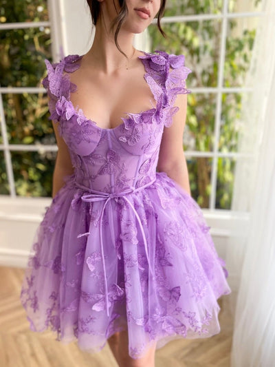 Straps Lilac Corset A-Line Prom Dress with 3D Butterfly