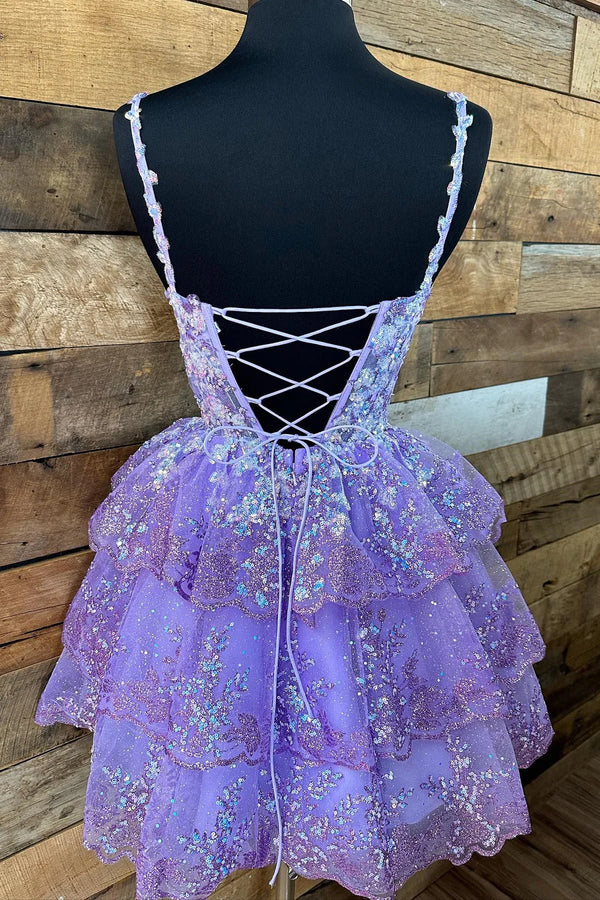 Straps Lavender Sequin Ruffle A-Line Homecoming Dress