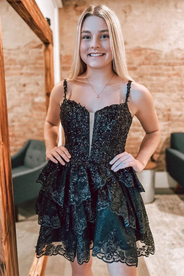 Straps Lavender Sequin Ruffle A-Line Homecoming Dress