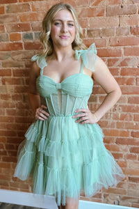 Bow Tie Straps Corset A-Line Ruffle Homecoming Dress