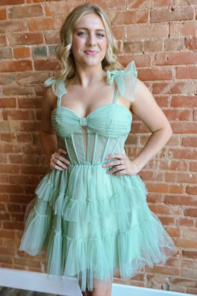 Bow Tie Straps Corset A-Line Ruffle Homecoming Dress