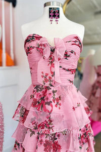 Sweetheart Floral Print Ruffle Homecoming Dress