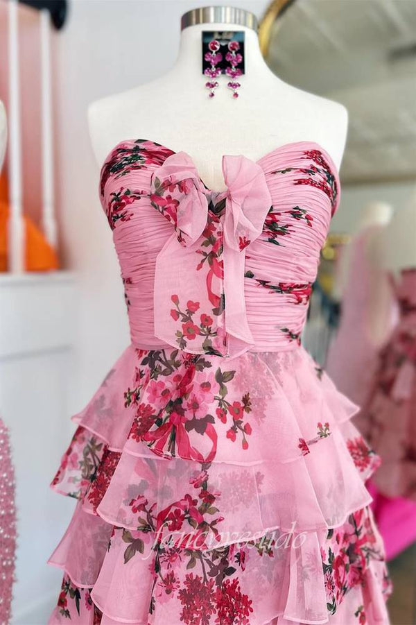Sweetheart Floral Print Ruffle Homecoming Dress