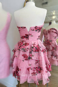 Sweetheart Floral Print Ruffle Homecoming Dress