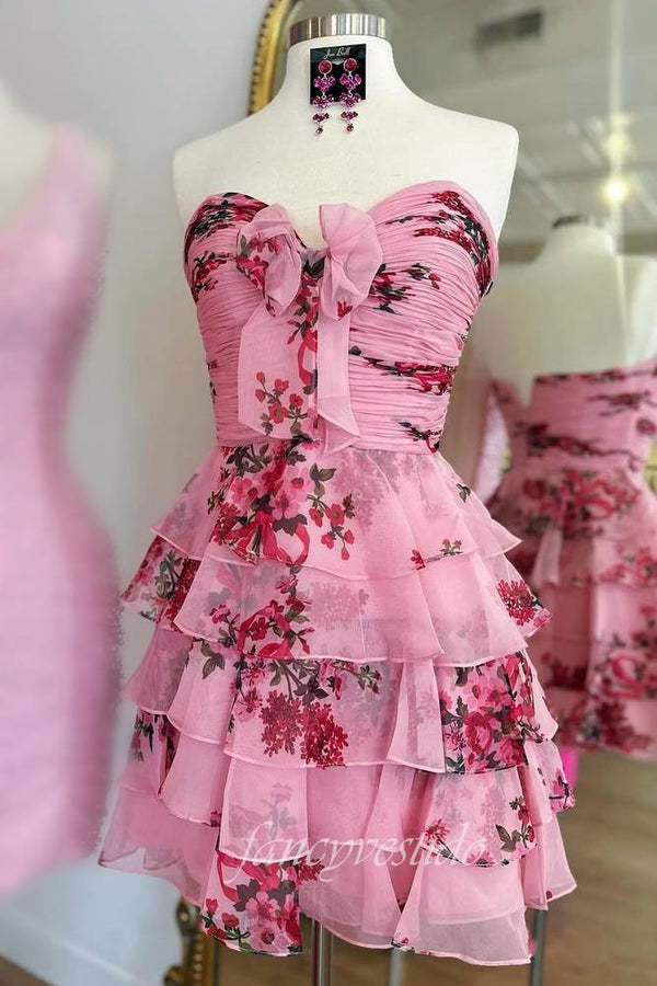 Sweetheart Floral Print Ruffle Homecoming Dress