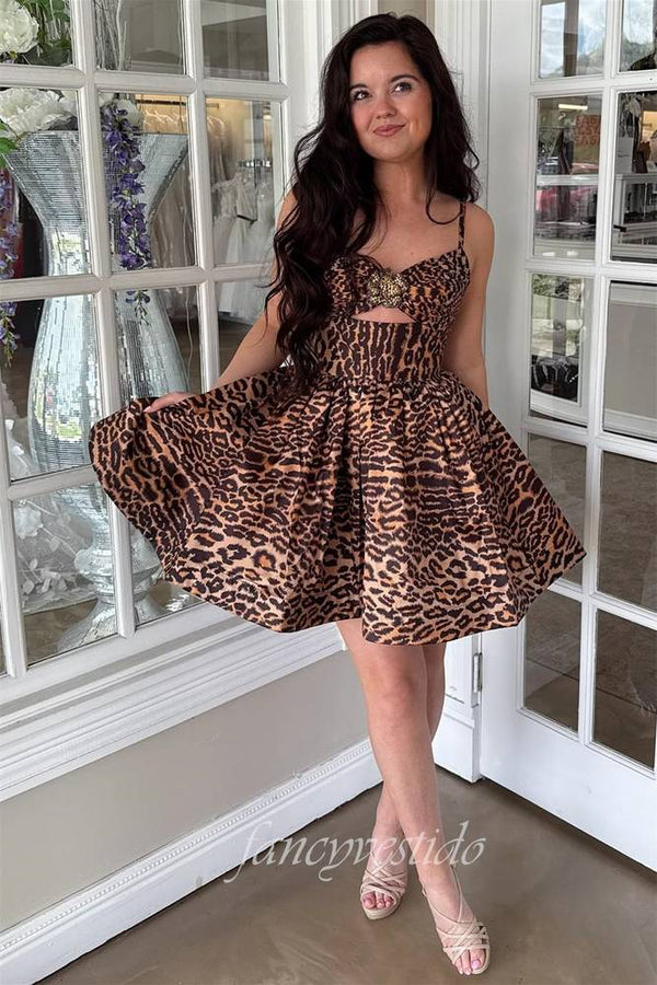 Straps Cheetah Print Cutout A-Line Homecoming Dress