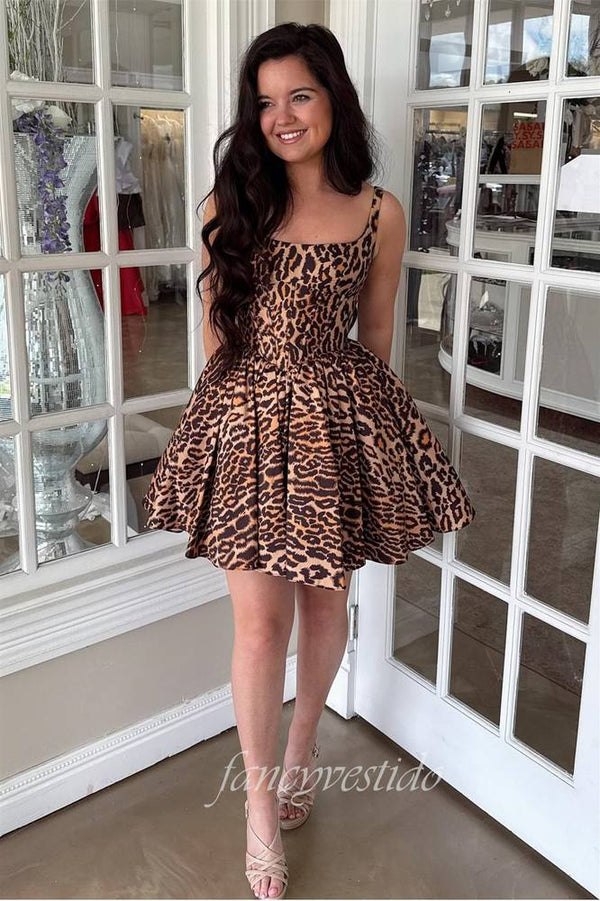 Straps Cheetah Print A-Line Homecoming Dress