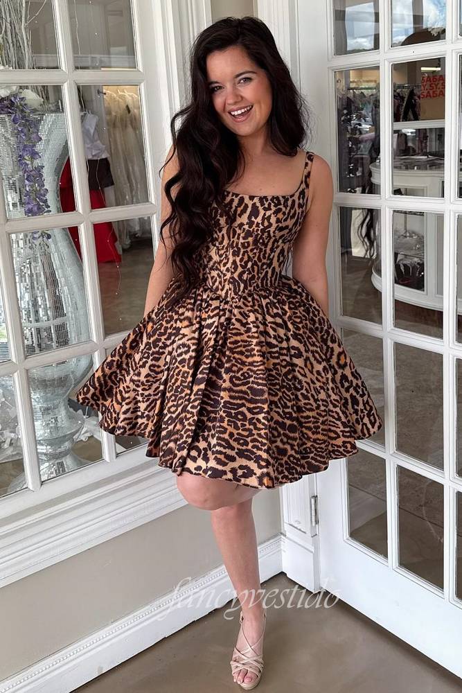 Straps Cheetah Print A-Line Homecoming Dress