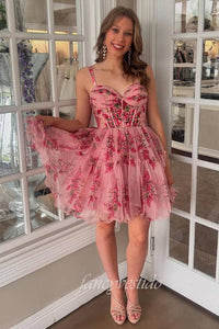 Straps Floral Print Corst A-Line Homecoming Dress