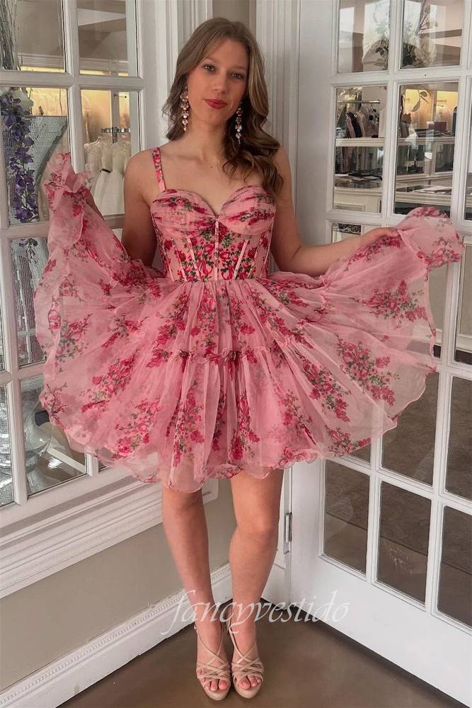 Straps Floral Print Corst A-Line Homecoming Dress