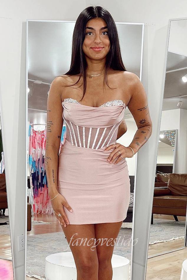 Strapless Beaded Bodycon Short Homecoming Dress FancyVestido Strapless Beaded Bodycon Short Homecoming Dress FancyVestido