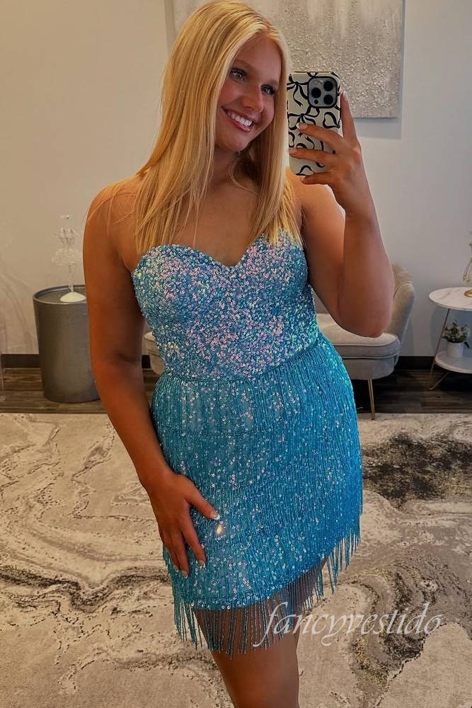 Sweetheart Sequin Tight Homecoming Dress with Fringe FancyVestido Sweetheart Sequin Tight Homecoming Dress with Fringe FancyVestido