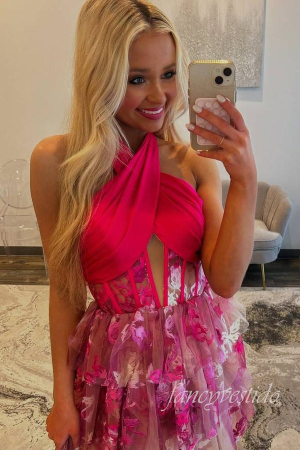 Cross Halter Corset Floral Print Homecoming Dress
