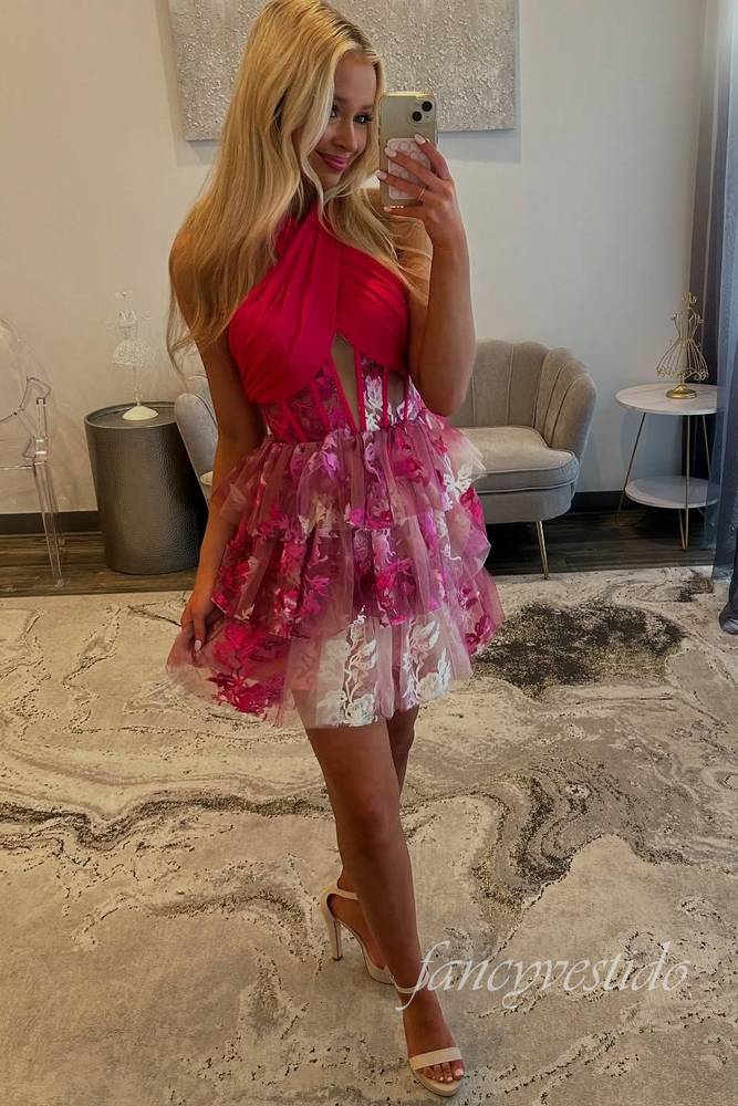 Cross Halter Corset Floral Print Homecoming Dress