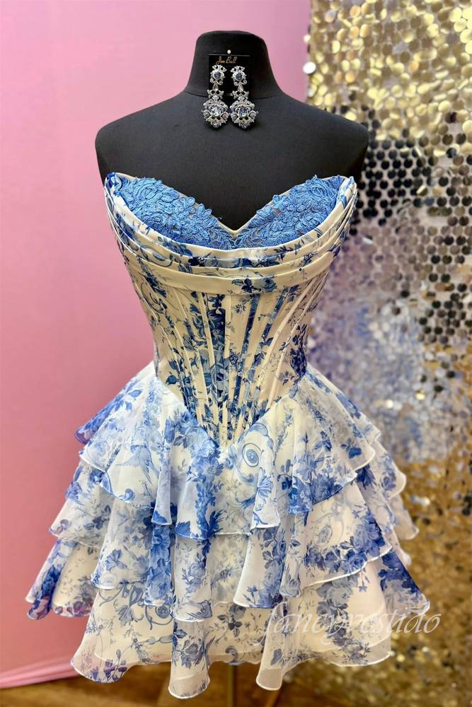 Sweetheart Blue Floral Print Corset Ruffle Homecoming Dress FancyVestido Sweetheart Blue Floral Print Corset Ruffle Homecoming Dress FancyVestido