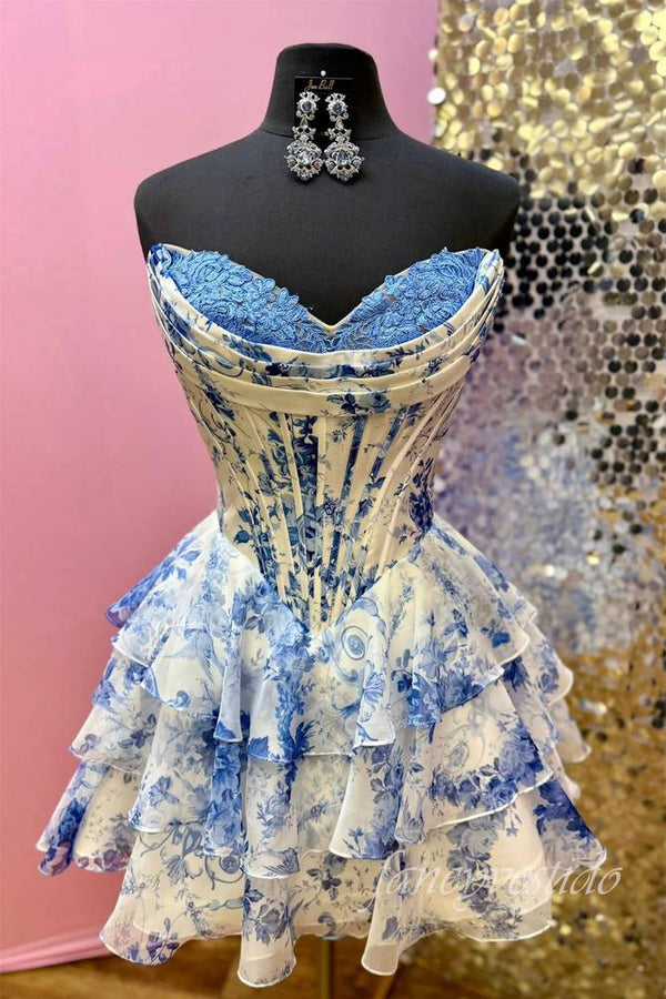 Sweetheart Blue Floral Print Corset Ruffle Homecoming Dress