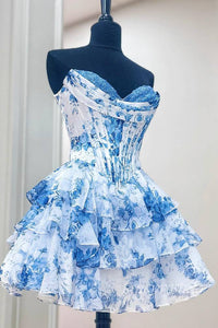 Sweetheart Blue Floral Print Corset Ruffle Homecoming Dress