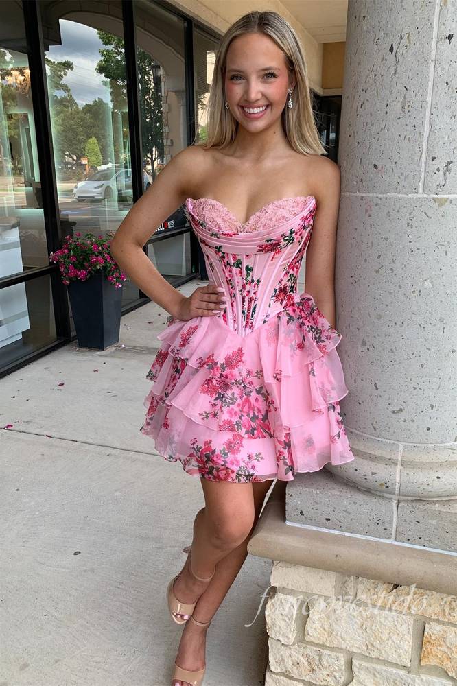 Strapless Applique Floral Print Ruffle Homecoming Dress