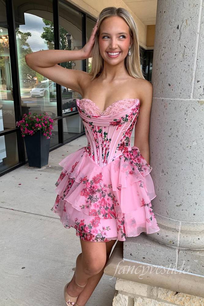 Strapless Applique Floral Print Ruffle Homecoming Dress