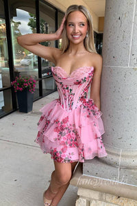 Strapless Applique Floral Print Ruffle Homecoming Dress