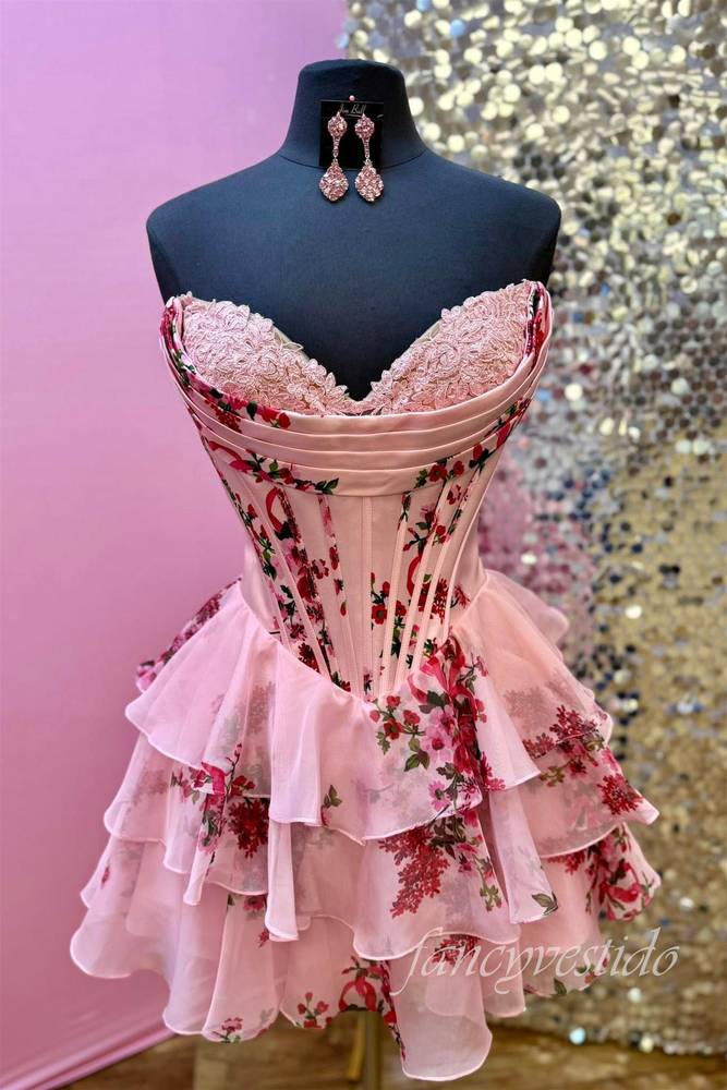 Strapless Applique Floral Print Ruffle Homecoming Dress