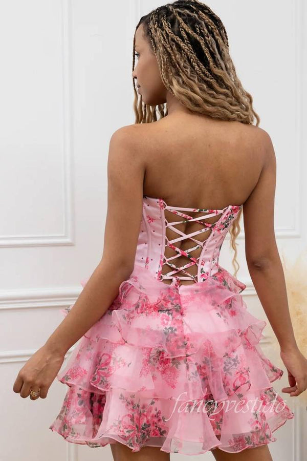 Sweetheart Corset Floral Print Layered Homecoming Dress