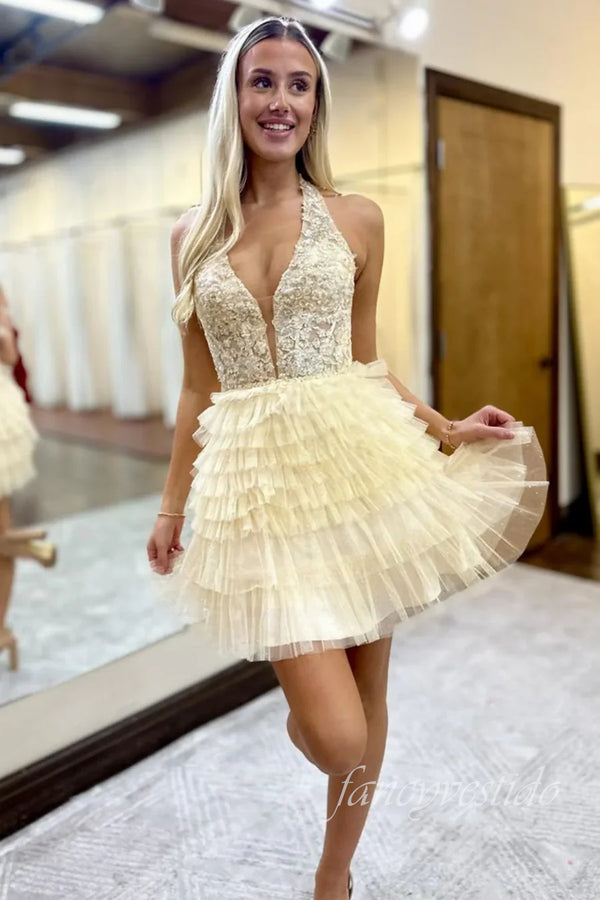 Halter Plunging-Neck Applique Tiered Homecoming Dress