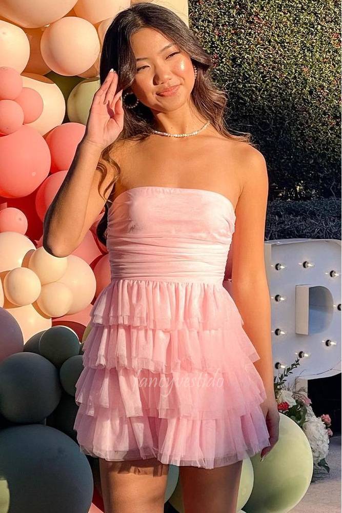 Strapless Pink Ruched Ruffle A-Line Homecoming Dress