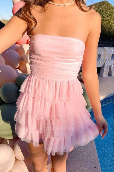 Strapless Pink Ruched Ruffle A-Line Homecoming Dress