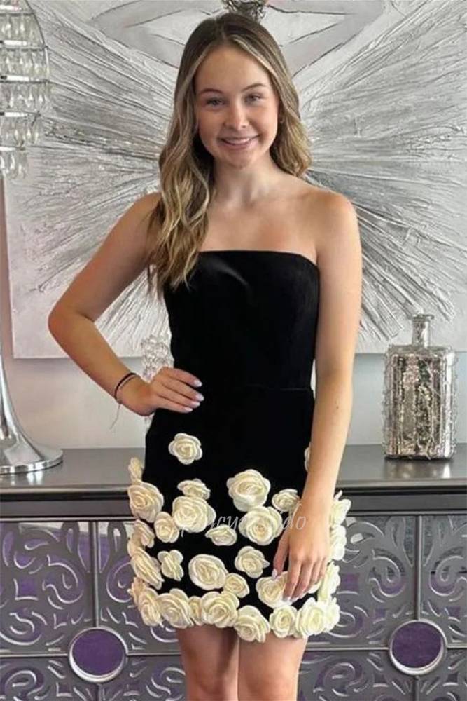 Straples Black Bodycon Homecoming Dress with 3D Floral – FancyVestido