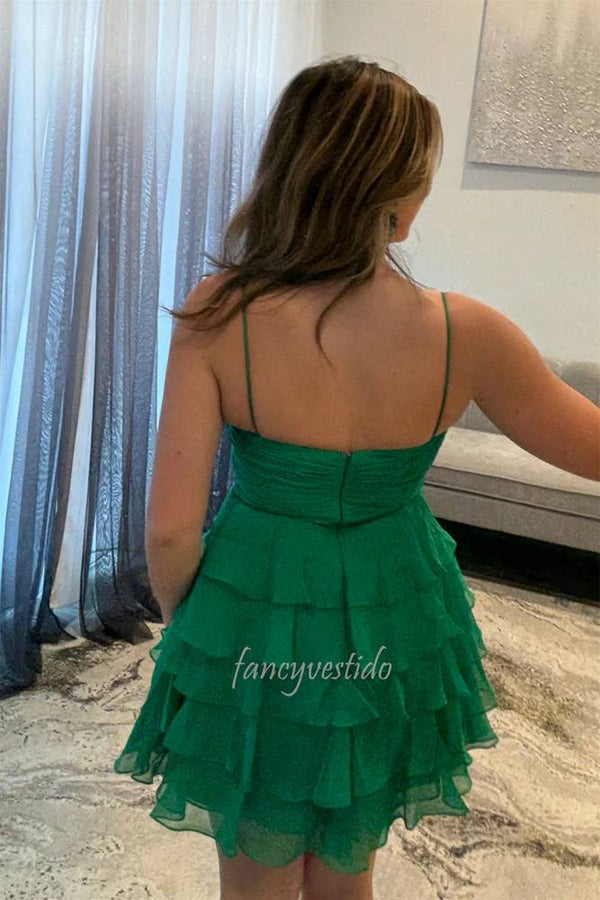 Spaghetti Straps Pleated Ruffle Homecoming Dress with Bow