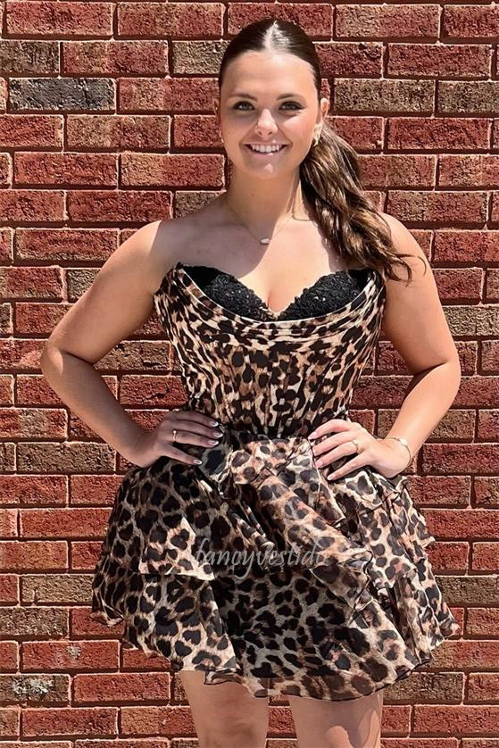 Strapless Applique Cheetah Ruffle Homecoming Dress
