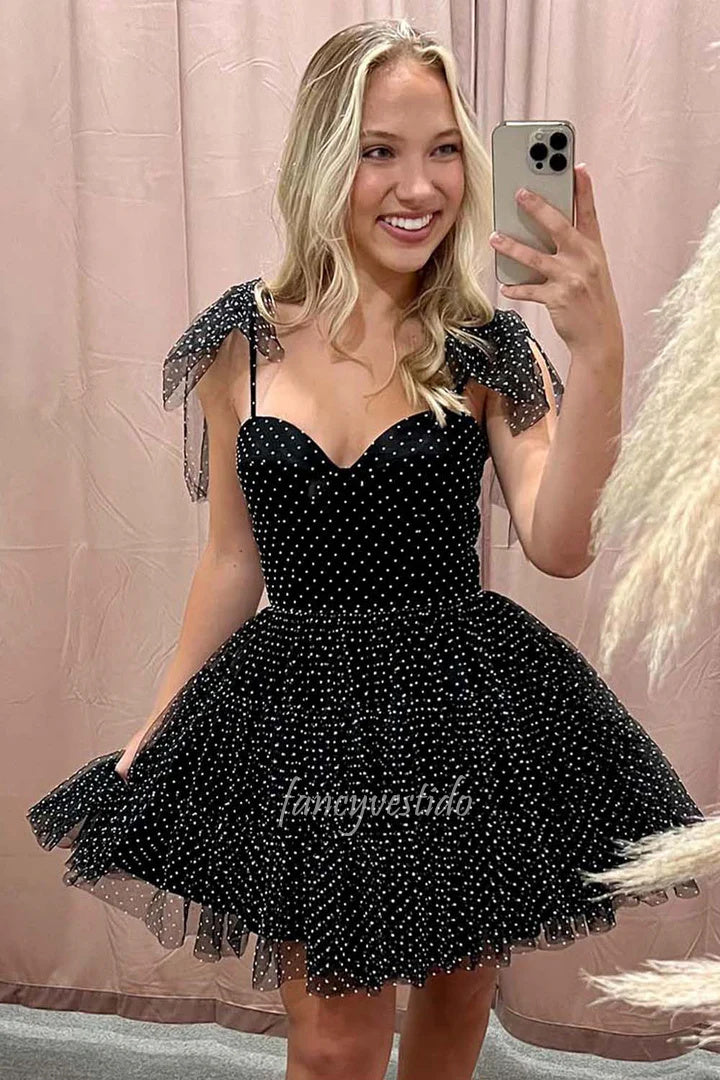 Straps Sweetheart Dot A-Line Tulle Homecoming Dress  FancyVestido