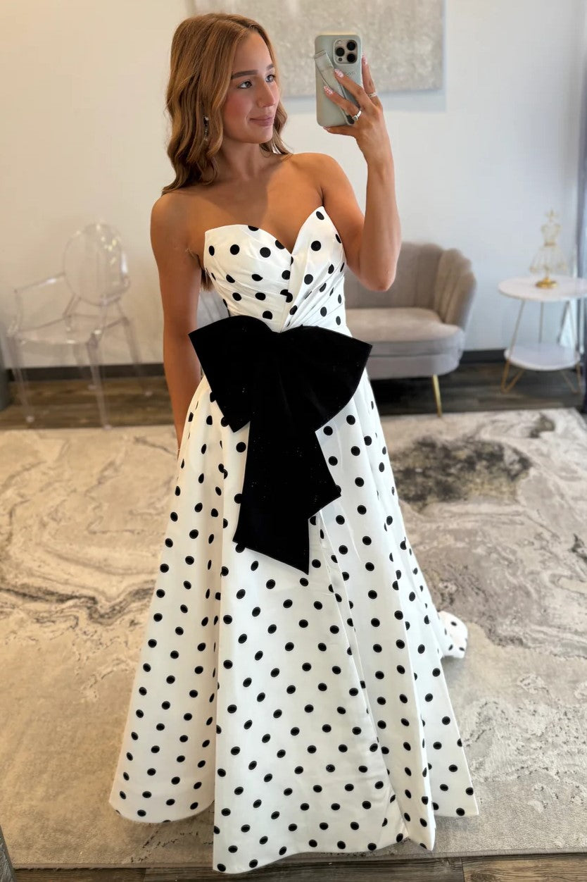 Elegant Sweetheart Polka Dots A-Line Prom Dress with Bow FancyVestido Elegant Sweetheart Polka Dots A-Line Prom Dress with Bow FancyVestido