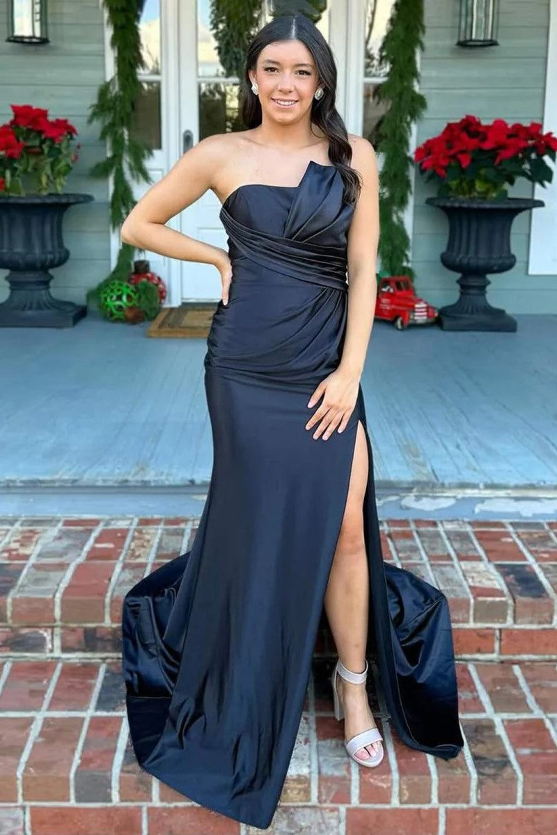 mermaid ruched dress Charming Strapless Ruched Slit Mermaid Prom Dress – FancyVestido