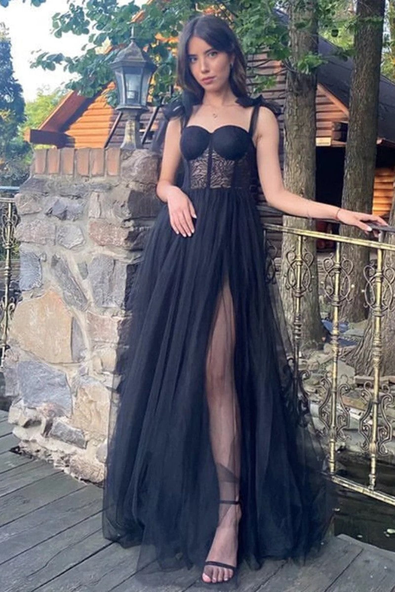 corset a line dress Charming Corset A-Line Slit Prom Dress with Bow Tie Straps – FancyVestido