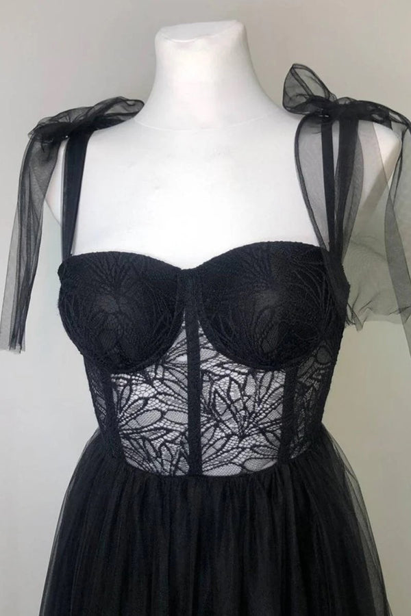 Charming Corset A-Line Slit Prom Dress with Bow Tie Straps