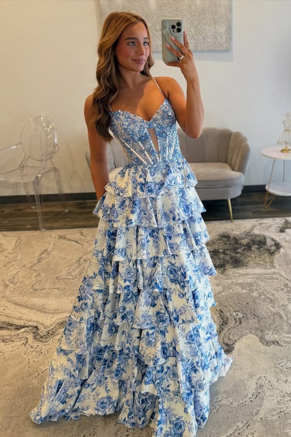 Straps Sequin Applique Floral Print Ruffle Slit Prom Dress