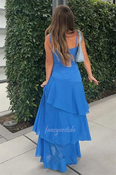 Spaghetti Straps Yellow Ruffle Chiffon Maxi Prom Dress
