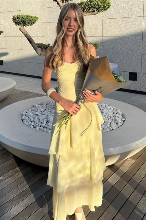 Spaghetti Straps Yellow Ruffle Chiffon Maxi Prom Dress