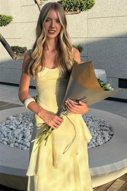 Spaghetti Straps Yellow Ruffle Chiffon Maxi Prom Dress