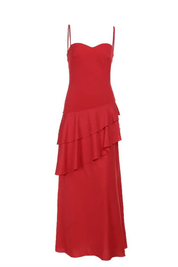 Straps Red Sweetheart Lace-Up Tiered Ruffle Maxi Dress